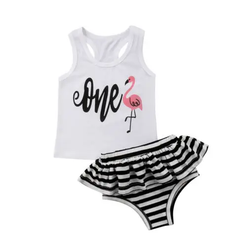 Newborn Infant Baby Girl Flamingos T shirt Vest +Striped Short Dress