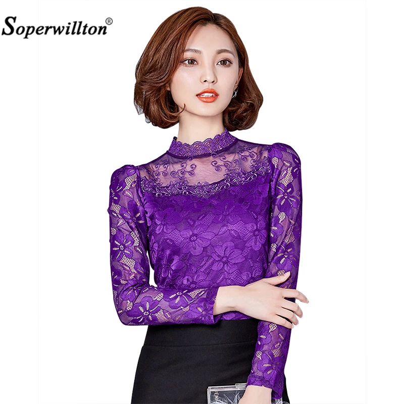 Женская блузка с длинным рукавом кружевом|women blusas|blusas fashionblusas plus |