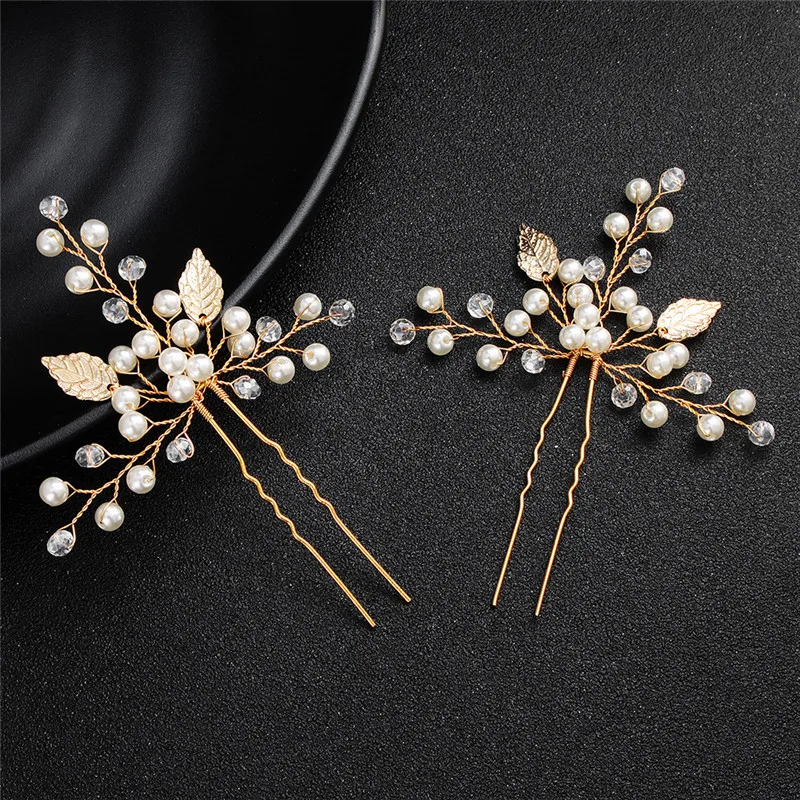Dower Me Rose Gold Leaf Pearls Hair Pins Clips Bridal Jewelry Hand