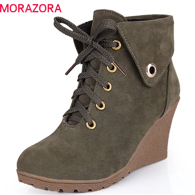 

MORAZORA 2018 new fashion style ankle boots women lace up round toe boots comfortable autumn winter booties wedges shoes woman