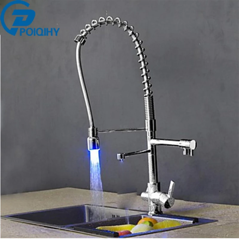 

Deck Mounted Chrome Finished Pull Out Spring Kitchen Faucet Three Swivel Spouts Vessel Sink Mixer Taps Dual Handles LED Light