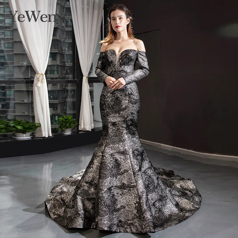 

YeWen Black Mermaid Evening dress formal dress arab dresses evening 2020 Long Sleeves