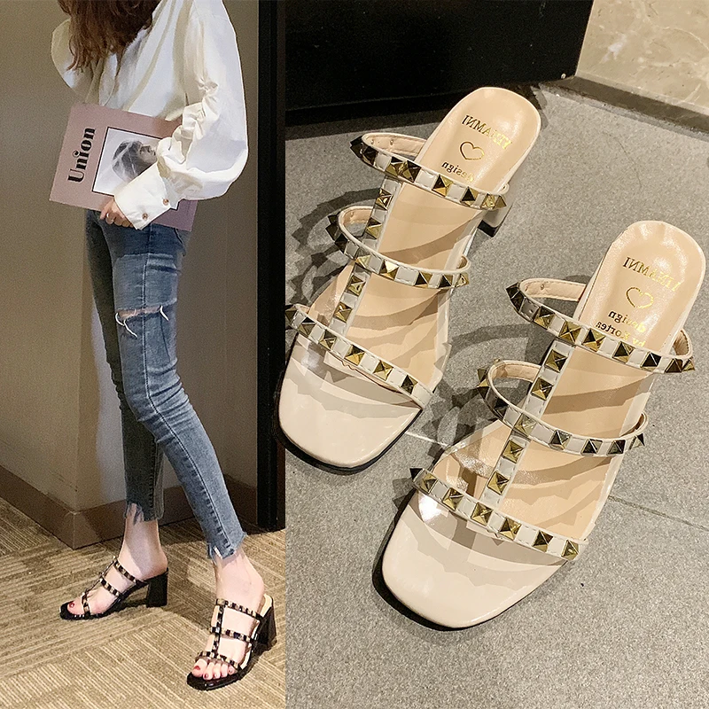 

Women Summer fashion rivets black nude beige White PU leather Women lady hot sale Square heel 6.5cm Casual sandal slip-on shoes