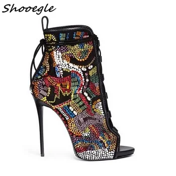 

SHOOEGLE Embroidered Fashion Boots Luxury Design Women Faux Suede High Heels Pointed Toe Short Booties Gladiator Lace Up Boats