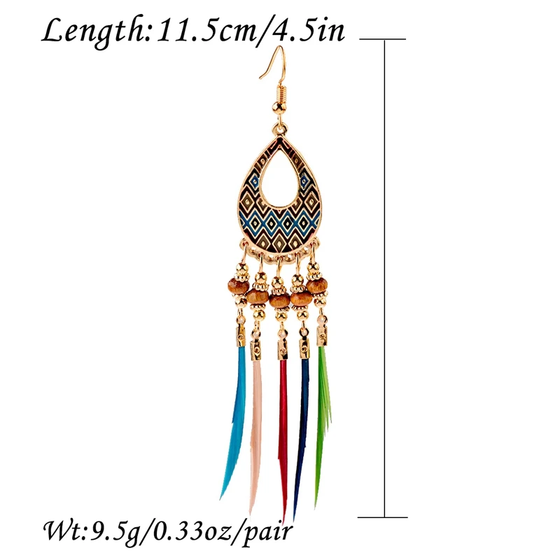 Ethnic Bohemian Boho Long Feather Indian Earrings For Women Brincos Bijoux Charm Gypsy Hippie Tribe Vintage Ladies Earrings