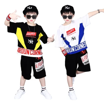 

Big Boy's Summer Sport Set Letters Print Color Patchwork Loose Fit T-shirts+Shorts 2PCS Clothing Sets Fashion Street Dancer Sets