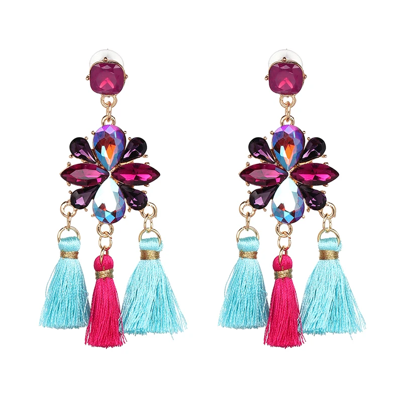 

3 Colors New Arrival Bohemia Dangle Earring Ethnic Statement Jewelry Three Tassels Drops Crystal Dangle Earring For Women F50420