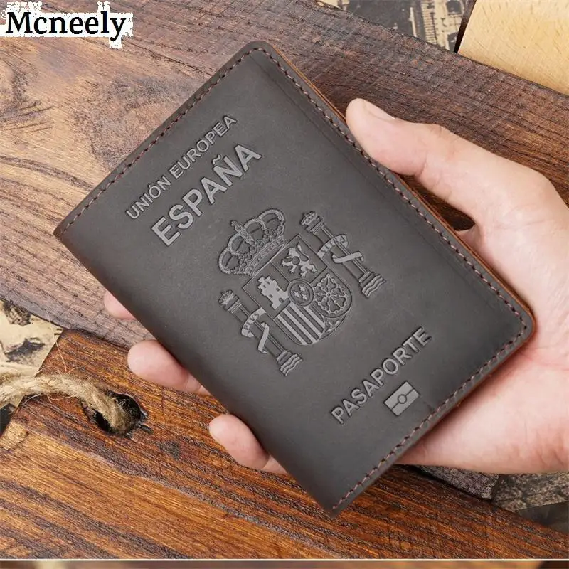 Hot Spain Genuine Leather Passport Cover Card Holder Men Passport Case Crazy Horse Leather Travel Unisex Espana Travel Wallet