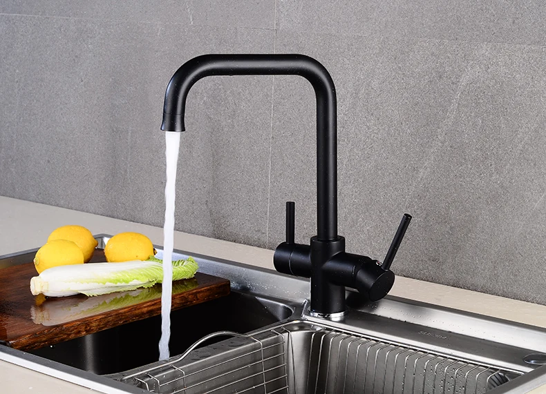 New style Black Double Bend Kitchen Water  Purifica  Faucet with Filtered Water Double Spout Kitchen Tap Bronze Sink Mixer Crane