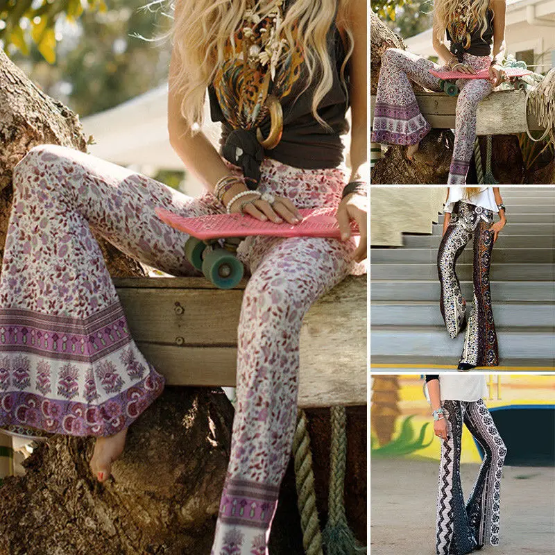 Женские модные повседневные богемные Цветочные хиппи с высокой талией с принтом широкие длинные расклешенные брюки-клеш