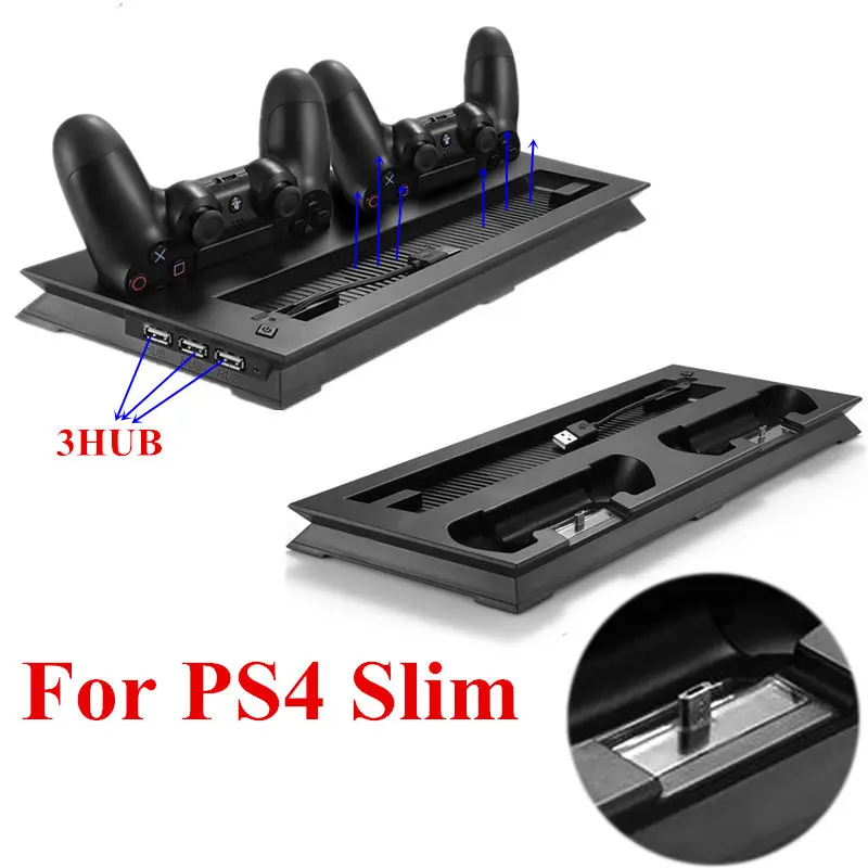 

PS4 Slim Vertical Stand Cooling Fan Cooler & Dual USB Charger Charging Dock with 3 Extra HUB for Playstation 4 PS4 Slim Console