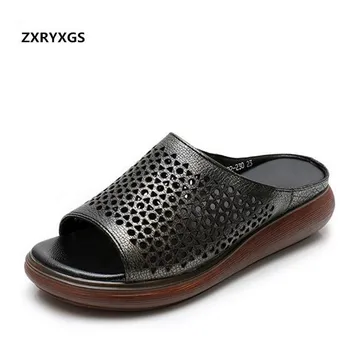 

Breathable Hollow Genuine Leather Sandals Women Slippers Comfortable Light Platform Wedges Sandals 2019 New Summer Women Sandals