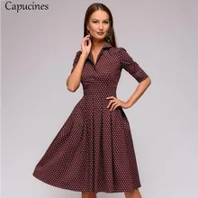 Capucines 2019 otoño Vintage marrón estampado A-line vestido mujeres Elegent media manga Turn-down Collar fiesta vestido informal