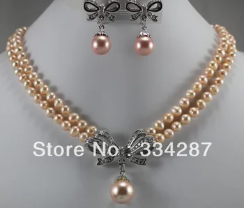 

3 color- 2 row 7-8mm white/pink/black pearl necklace+ flower pendant earrings set