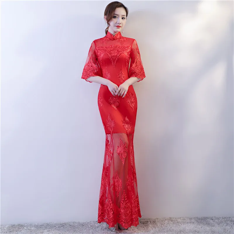 Red Wedding Party Cheongsam Oriental Evening Dress Chinese Traditional Womens Elegant Qipao Sexy Lace Long Robe Retro Vestido |