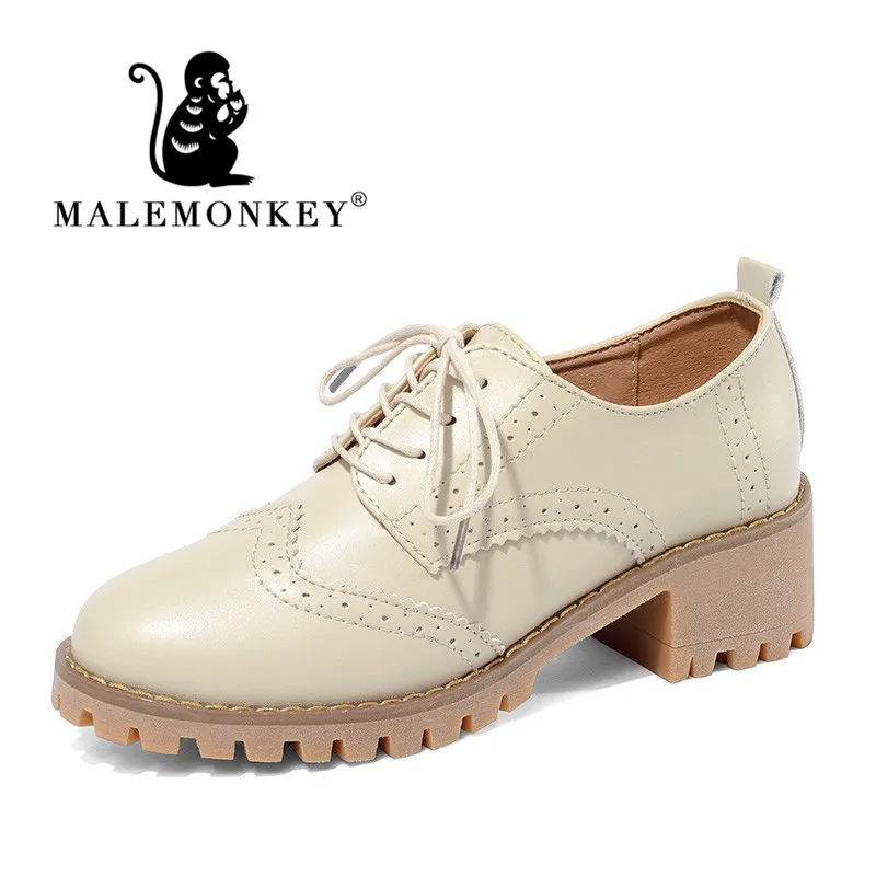 Women Oxfords Shoes Handmade Lace-up Round Toe Thick Heel Leisure Comfortable and Soft Office Lady Shoes