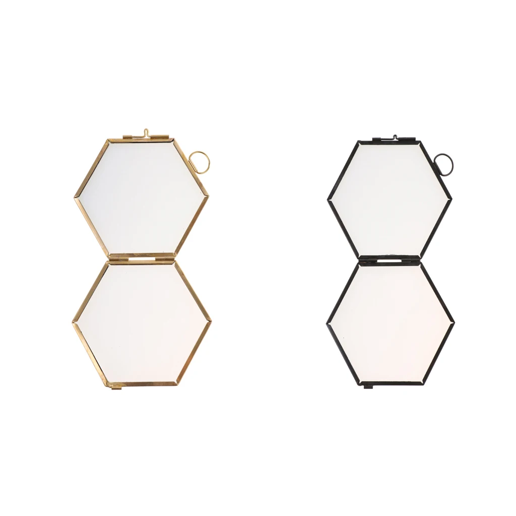Pieces of 2 Modern Hanging Hexagon Glass Metal Photo Frame Home Decor Gold+Copper