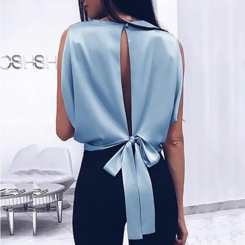 

Womens Clothing 2019 Fashion O Neck Sleeveless Vest Shirts Blouse Sexy Backless Bowknot Shirt Women Elegant Tops Feminino Blusas