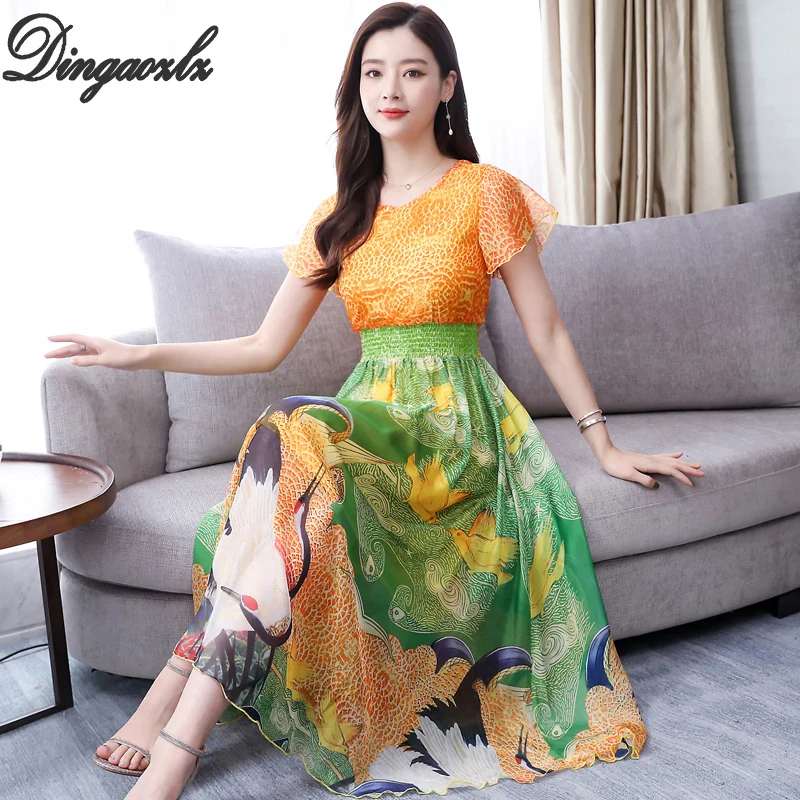 

Dingaozlz New Elegant Short-sleeved Chiffon Dresses Summer Long Printed Dress Vestidos Plus size Women dress 3XL