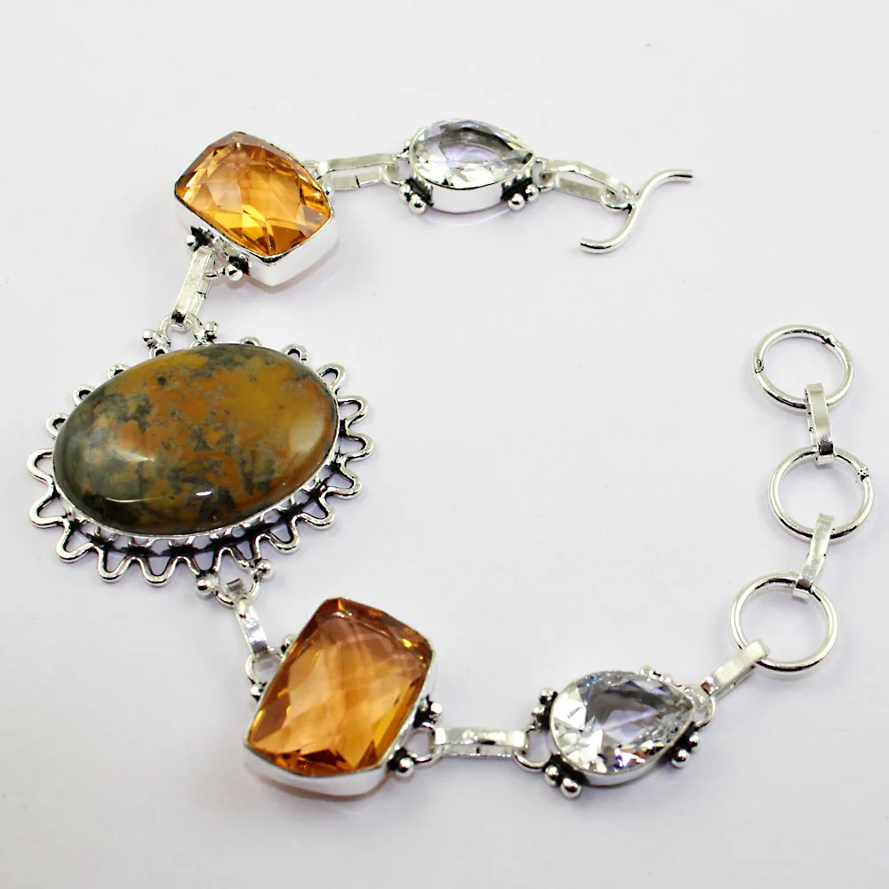 

Jaspers & Peach Topas & White Topas Bracelet Silver Overlay over Copper , 21.4 cm, B1911