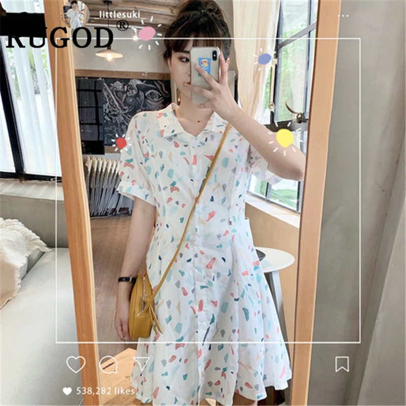 

RUGOD Summer colorful dress women Korean turn-down collar mini ladies dresses vestidos elegant single-breasted pockets dresses