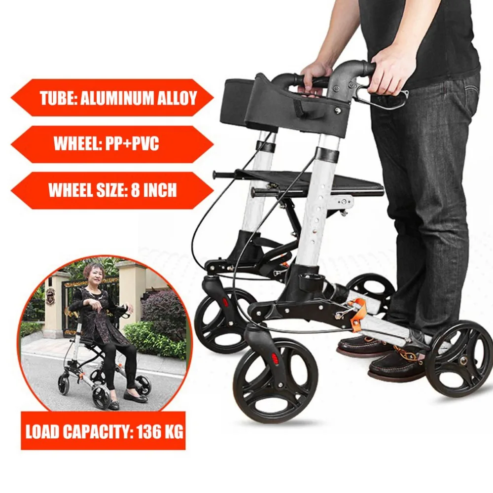 

Elderly Rolling Walker Lightweight Folding Four Wheel Rollator Aluminum Alloy Collapsible Travel Shopping Cart Front Castors