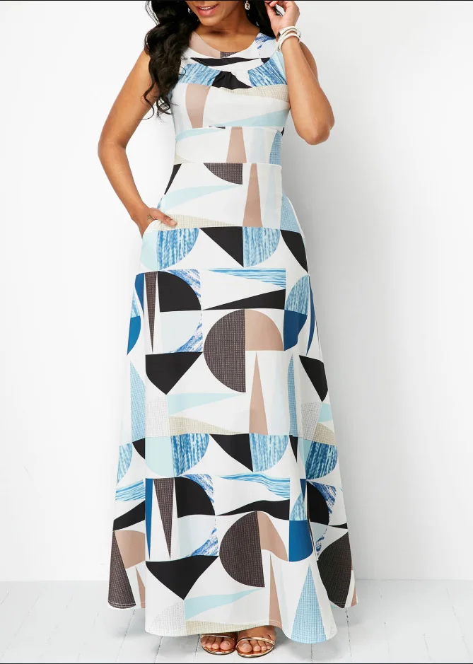 

Sakazy 2019 Large Size Purely Round Collar High Waist Geometric Sleeveless Printed Maxi Streetwear Summer Dress