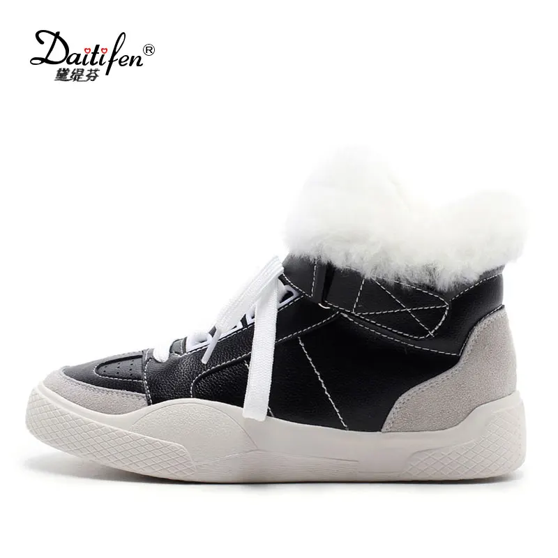 

Daidifen Fashion Genuine Leather Ankle Boots Fur Hook & Loop Women Boots Mixed Colors Flat Platform Shoes Cross-tied Casual Shoe