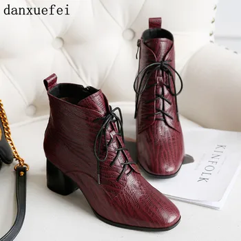 

Women's genuine leather side zip thick high heel ankle boots OL style lace-up autumn short booties winter boots shoes for women