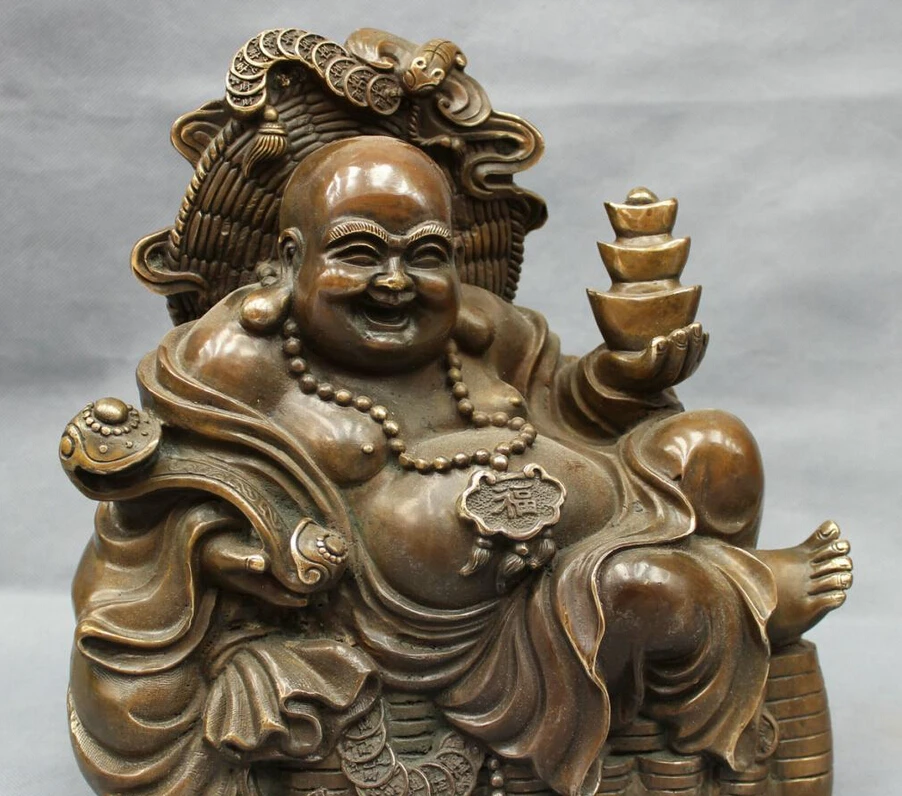 

Collectible bronze S1333 11" Chinese Bronze YuanBao RuYi Happy Laugh Maitreya Buddha Statue Seat Coin Bag