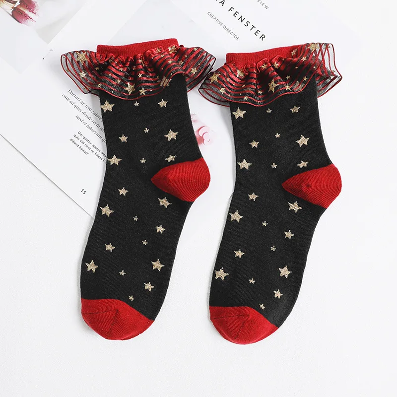 Роскошные носки с оборками kawaii Носки Харадзюку Готический гетры Лолита с кружевом хлопок sox Черный 10 пар/лот/ - Цвет: Красный