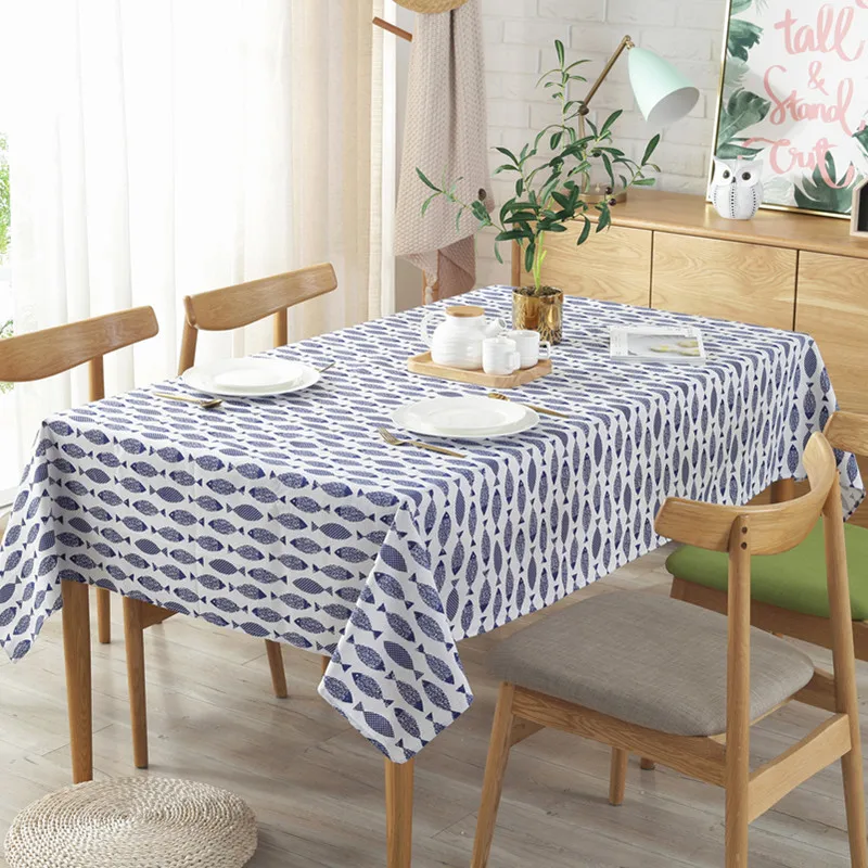 DHD Fish Tablecloth Blue Rectangular Tablecloth Cotton Linen Table