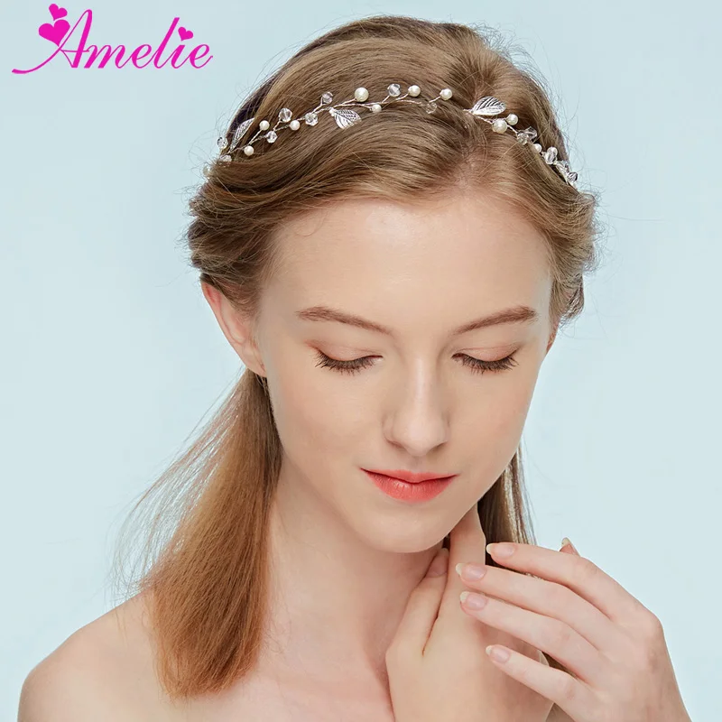 

Bridal Headband Tiara Crystal Pearl Wedding Bridal Hair Vine Simple Silver Leaf Accessory Bridesmaid Headbands Foliage Hairbans