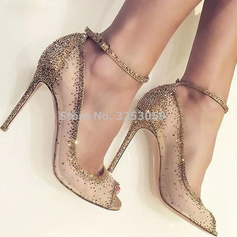 ALMUDENA/фантастические шикарные туфли с украшением в виде кристаллов; цвет Шампань, золотой; свадебные туфли с открытым носком и прозрачной сеткой; стразы; туфли-лодочки на тонком высоком каблуке