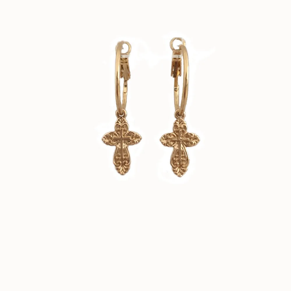 

FASHION JEWELRY GOLD COLOR ENGRAVED CROSS CHARM HOOP EARRING FOR WOMEN GIRL