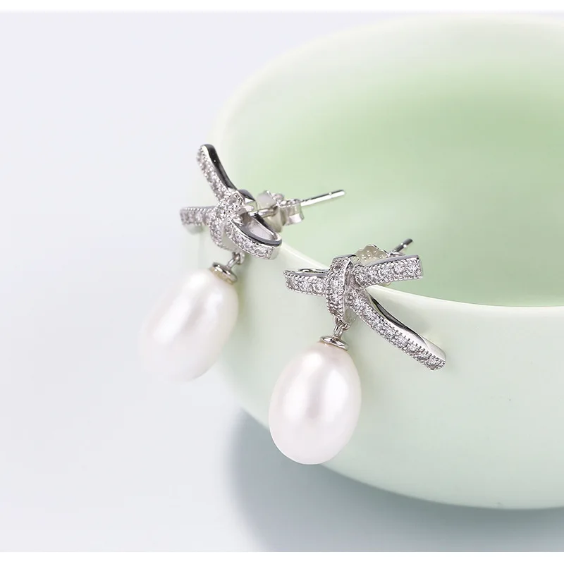 

2019 New Fashion 925 Sterling Silver Natural Freshwater Pearl Bowknot Drop Earrings Cute style For Women