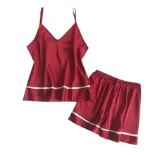 Женская Сексуальная атласная пижама на бретельках, ночная рубашка с кружевным бантом, нижнее белье, комплект для сна a0404