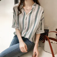 Summer New Women Shirt Chic Loose Bat Sleeve V-neck Striped Short Sleeve Blouse Female Leisure Fashion Korean Top Clothes H9005 1