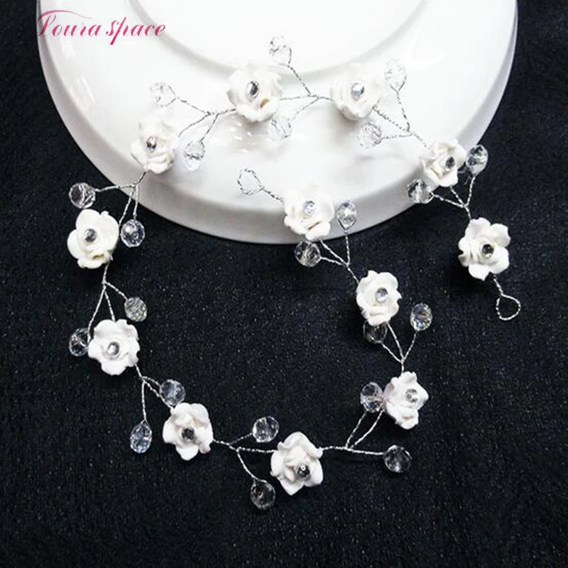 Loura Shace Contracted White Roses Flower Bridal Headbands New Crystal Bead Wedding Bride Headdress Hairbands Hair Accessories | Украшения