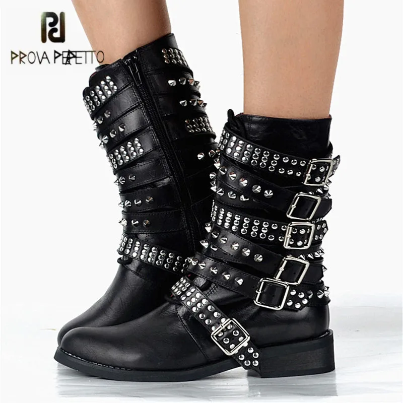 

Prova Perfetto Black Rivets Studded Women Riding Boots Straps Genuine Leather Flat Ankle Boots Platform Rubber Shoes Botas Mujer