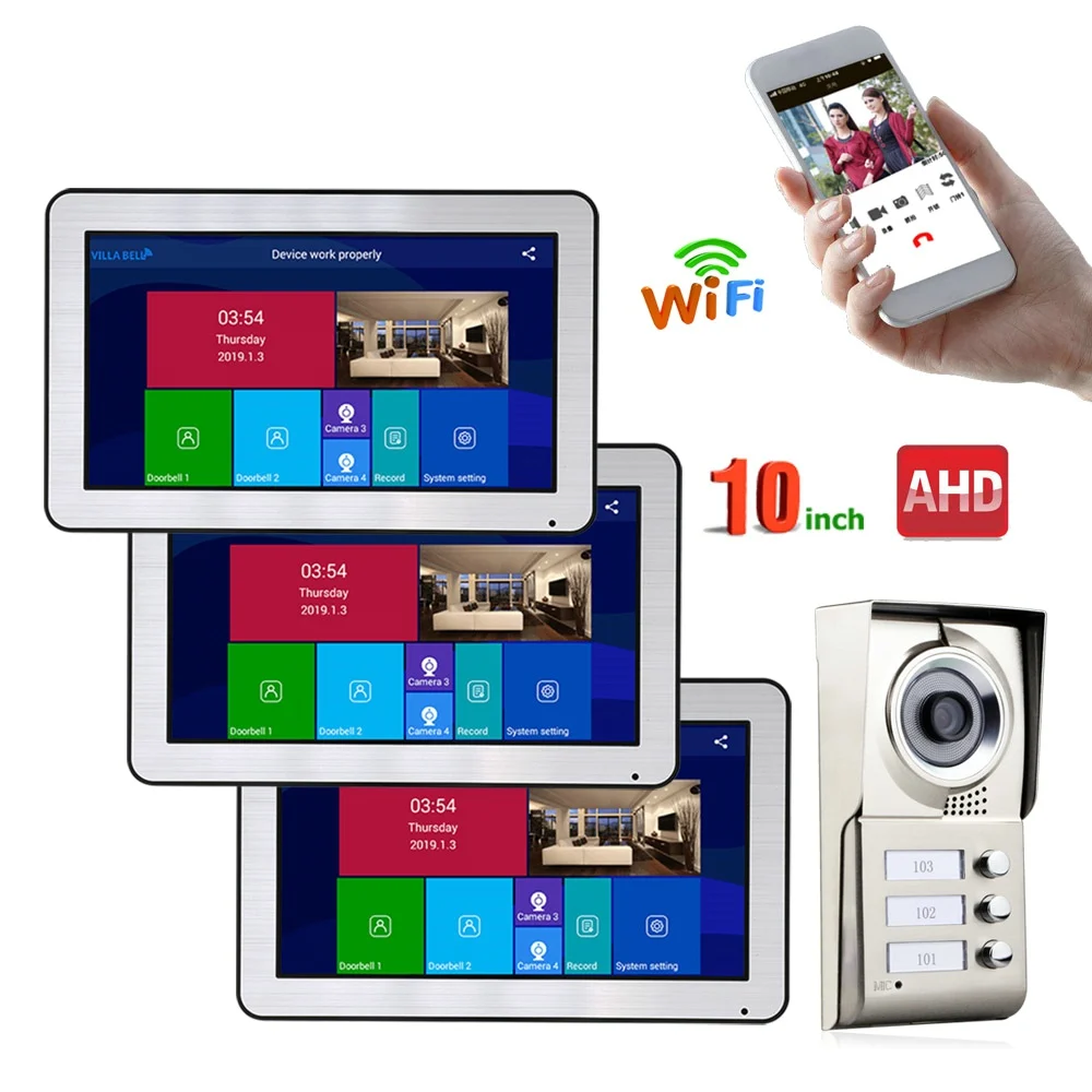 MAOTEWANG Wired Video Intercom Systems 3 apartments 10 inch Wifi Video Door Phone System IR-CUT HD 720P Doorbell Camera