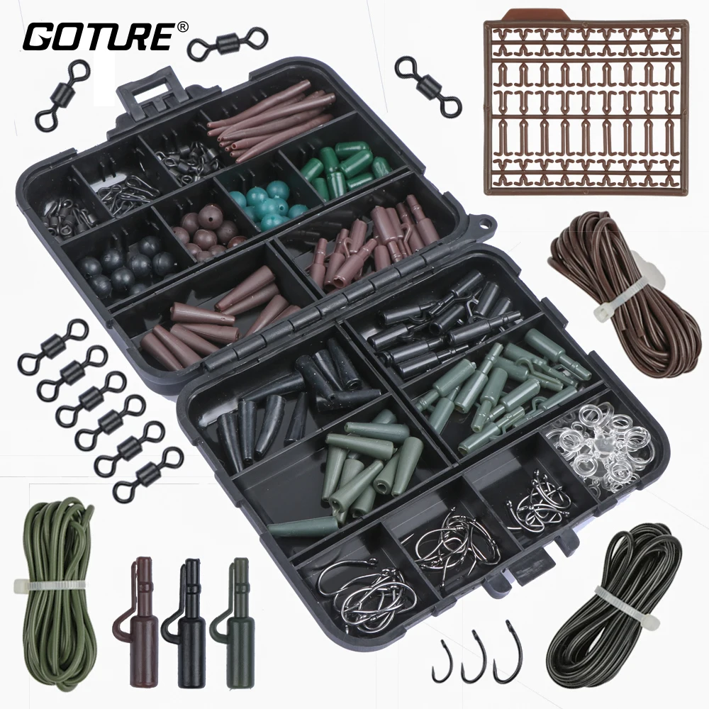 

Goture 187Pcs/set Carp Fishing Accessory Set Carp Tubes Safety Clips Hooks Swivels Kit Hair rigs With Hard Plastic Tackle Box