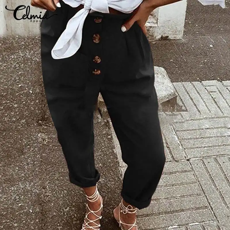 2019 Celmia Для женщин брюки Повседневное Высокая Талия Длинные брюки для девочек свободные пуговицы карандаш Harajuku брюки женские плавки
