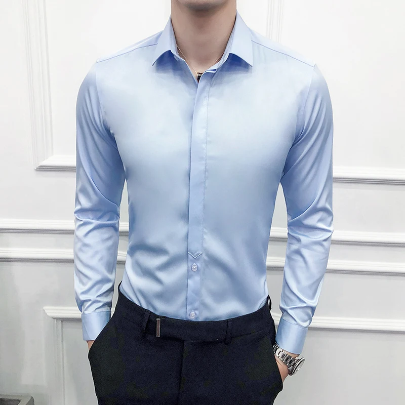FuyBill Новая модная мужская Однотонная рубашка для мужчин однотонные однобортные деловые повседневные рубашки тонкий стрейч с длинным рукавом