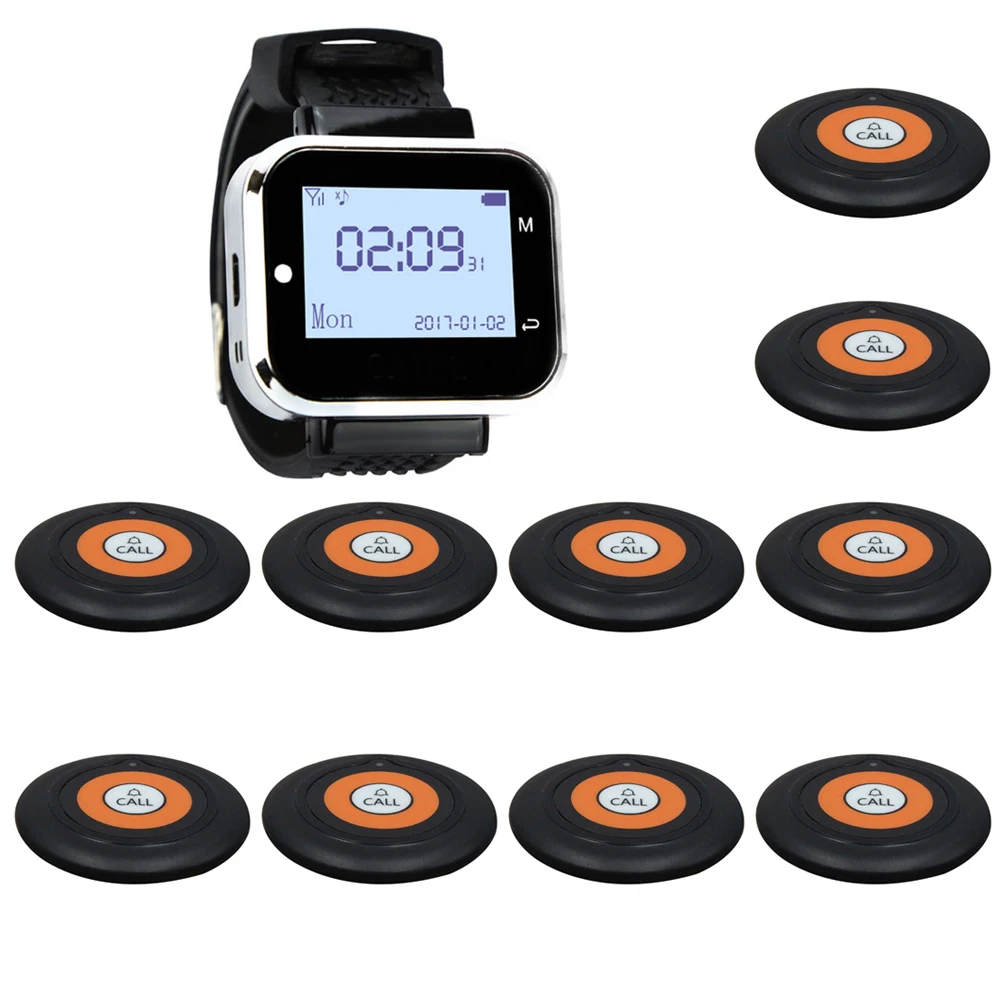JINGLE BELLS 10 Calling Buttons+1 Watch pager Receiver Wireless Service Call Bells Wireless Restaurant Guest Calling Systems
