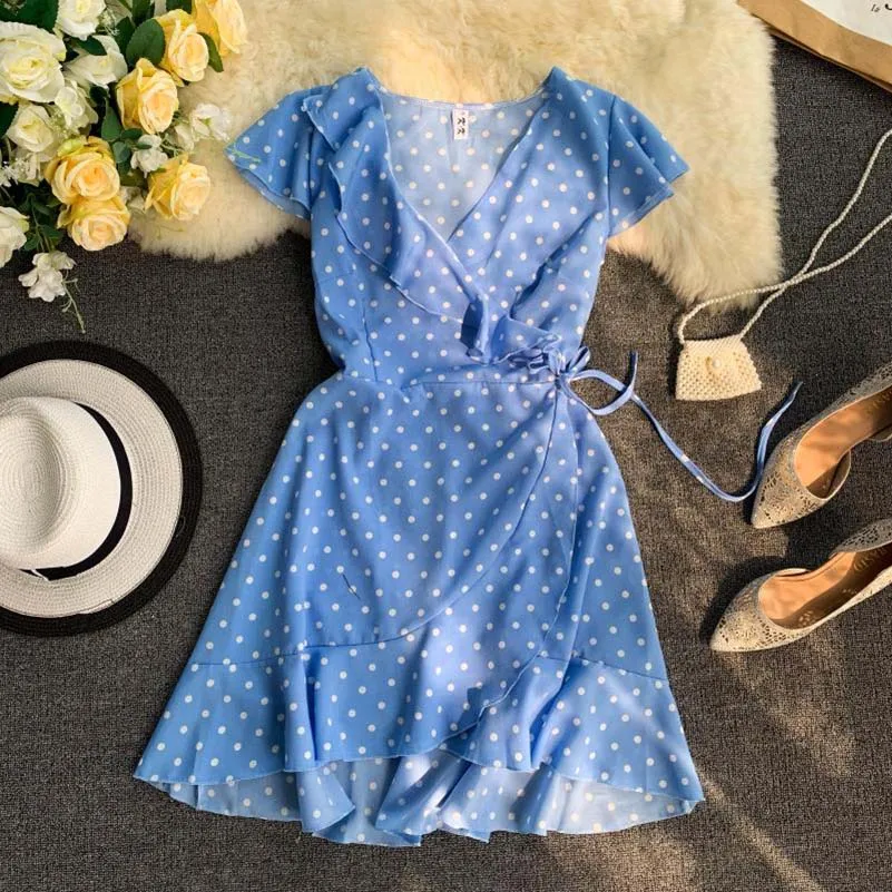 

NiceMix 2019 summer Women's Polka Dot Mini Dresses 2019 New Summer V-neck Irregular Ruffled Lace-up Ruffles Short Dress Bohemian