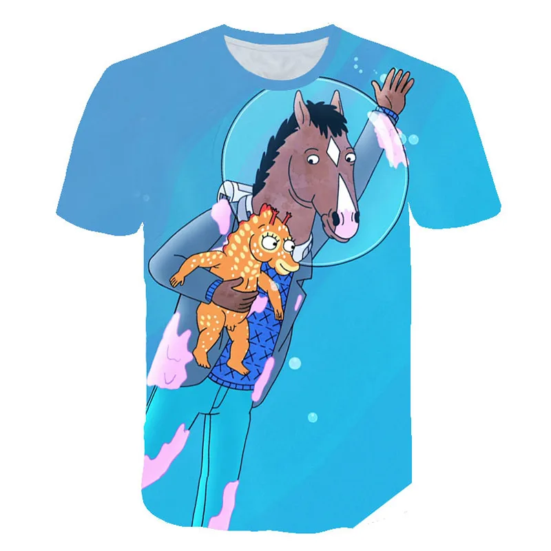

BIAOLUN fashion children's cartoon 3D horse bojack T shirt summer boy and girl cartoon fun short sleeve tops