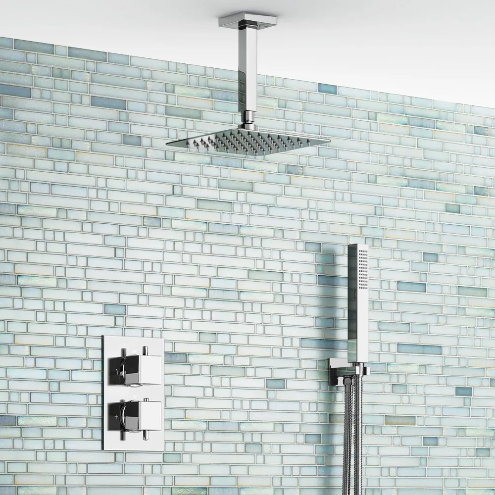 

8" Ceiling Square Thermostatic Mixer Shower Ultra Thin Head Bathroom Chrome Valve Set