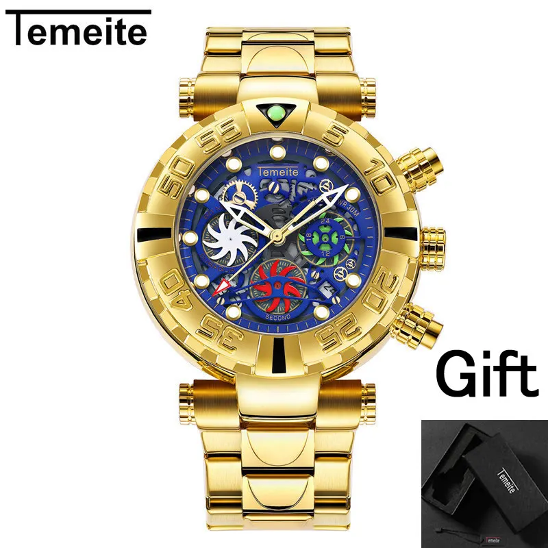 

man watches waterproof luxury gold blue TEMEITE brand mens wristwatches quartz Multifunction stainless steel creative clocks