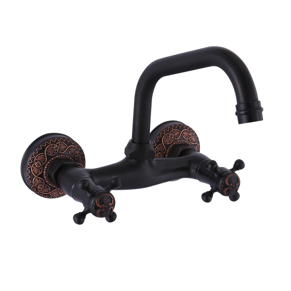Wall type dark faucet all copper cold and hot mixed water basin kitchen sink hanging wall black wx6051556